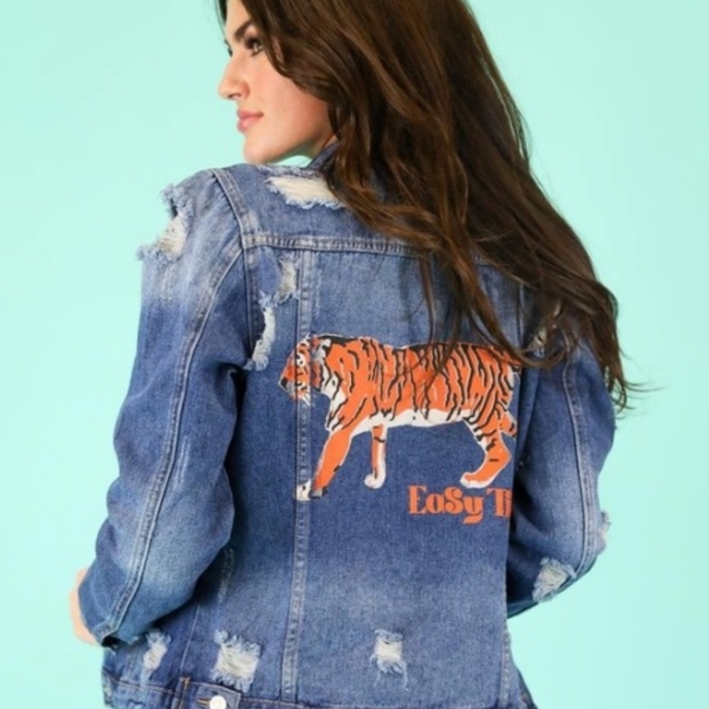 Judith March Easy Tiger Distressed Denim Jacket, Size Large